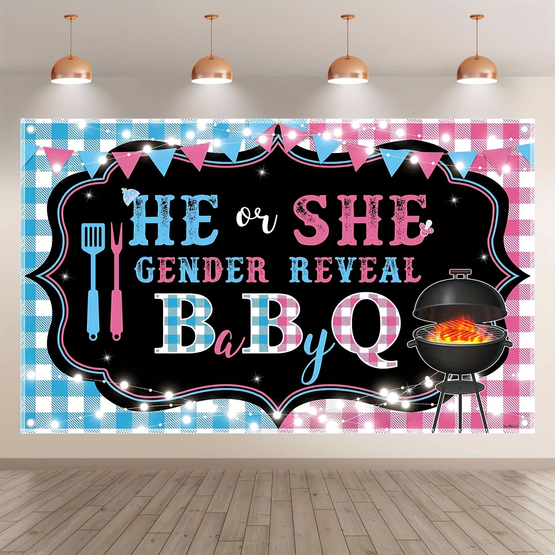 1pc, 96x60inch, Gender Reveal BabyQ Polyester Photography Backdrop, He or She Boy or Girl Birthday Background, Blue or Pink Barbecue Theme Party Decorations Gifts, Photo Booth Props Banner, Drilled Holes at the Four Corners for Easy Hanging - UUFelice Studio