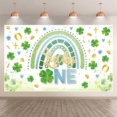 1pc, 72x43inch/96x60inch Polyester Pink/Blue Lucky One Birthday Photography Backdrop, St. Patrick's Day Shamrock Clover Rainbow Party Photo Background Tapestry, Party Banner Decorations, Photo Booths Studio Props, Cake Table Supplies Room Decor, Drilled H - UUFelice Studio