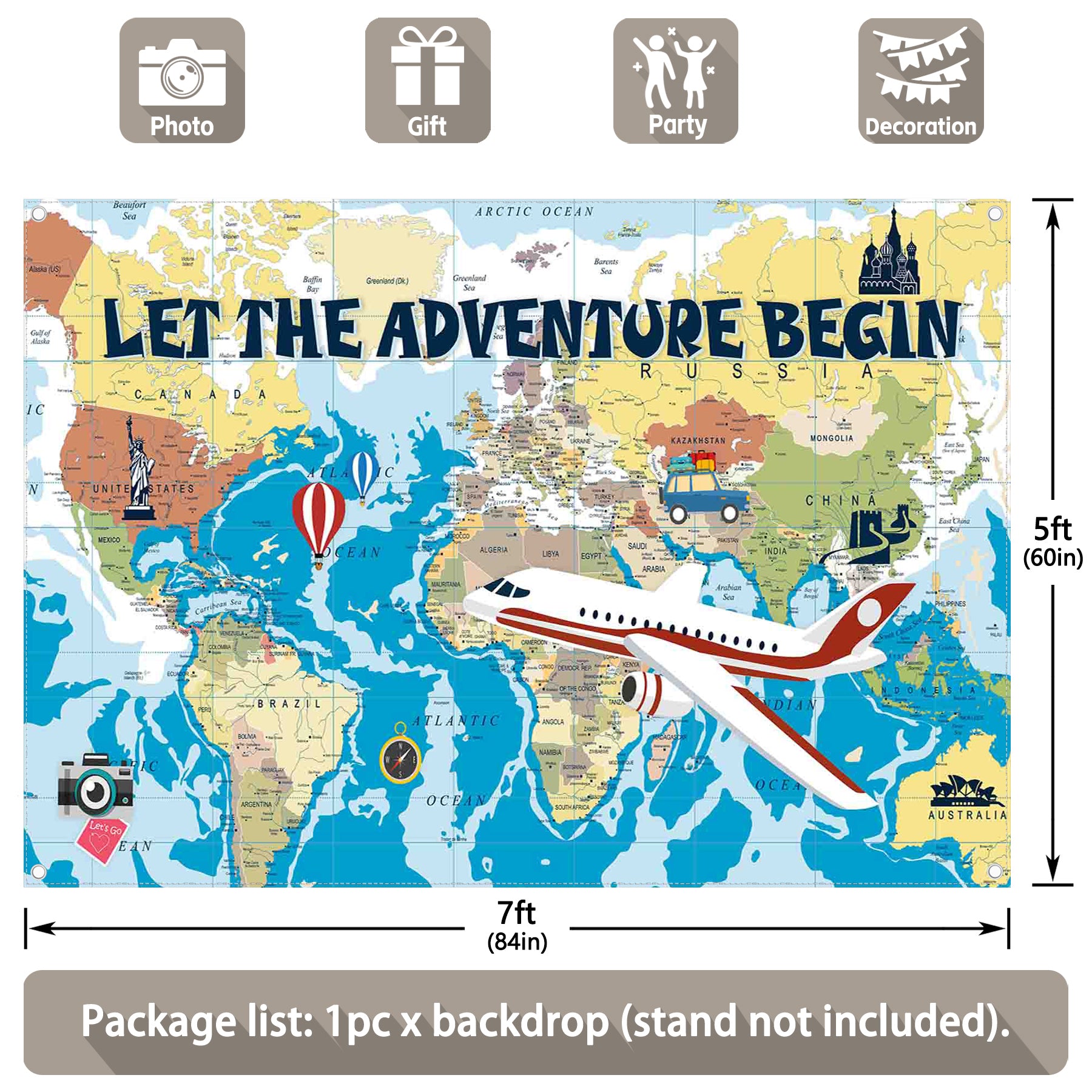 Let The Adventure Begin World Map Airplane Backdrop