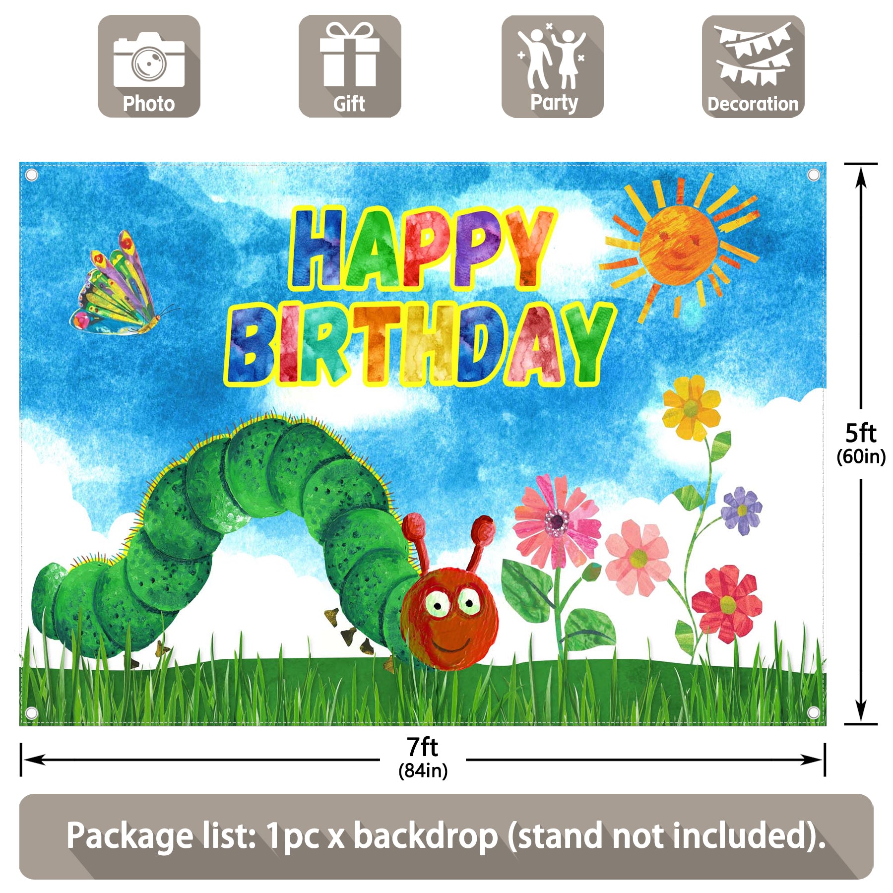 Blue Cartoon Birthday Caterpillar Wonderland Backdrop