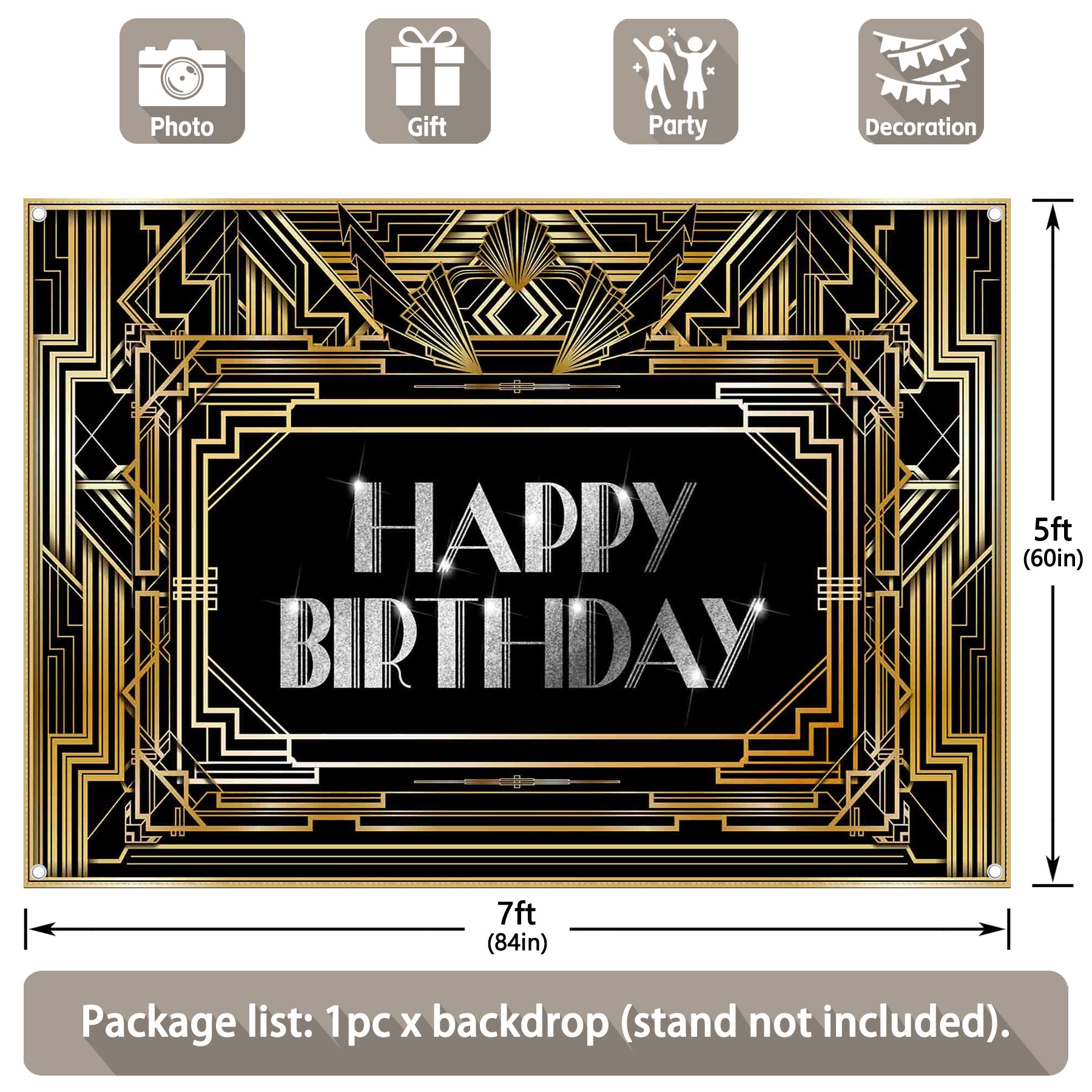 Happy Birthday Black and Gold Roaring 20s Art Background