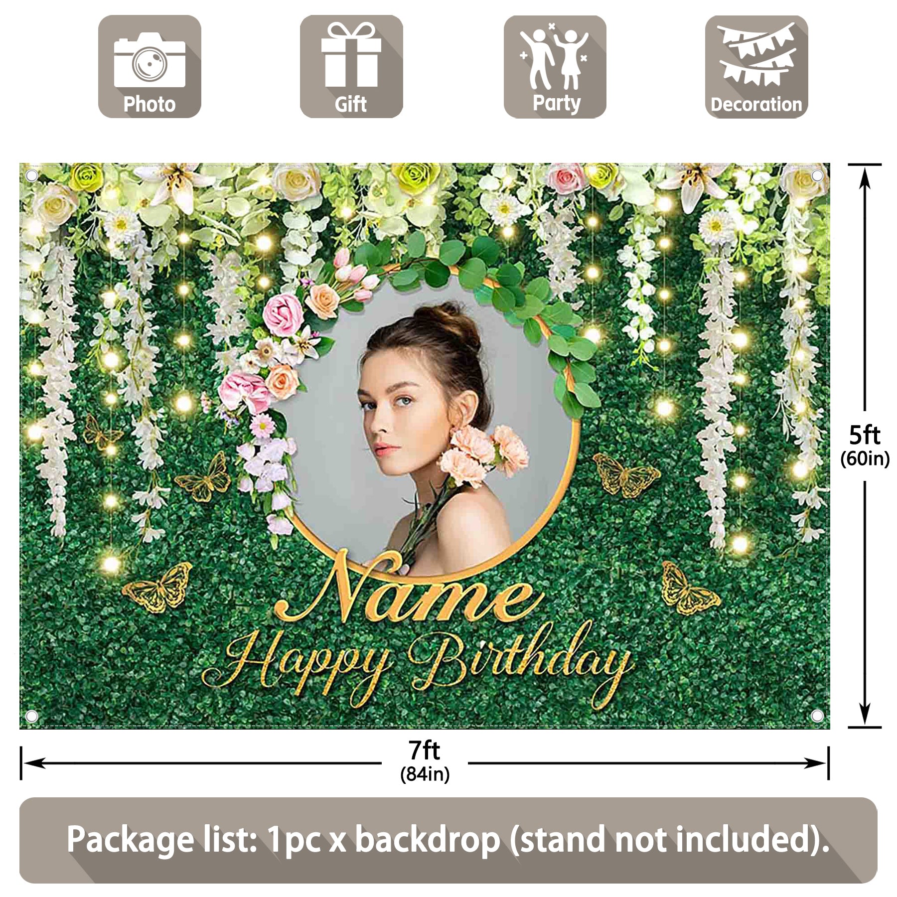 Custom DIY Name Photo Greenery Neutral Birthday Backdrop