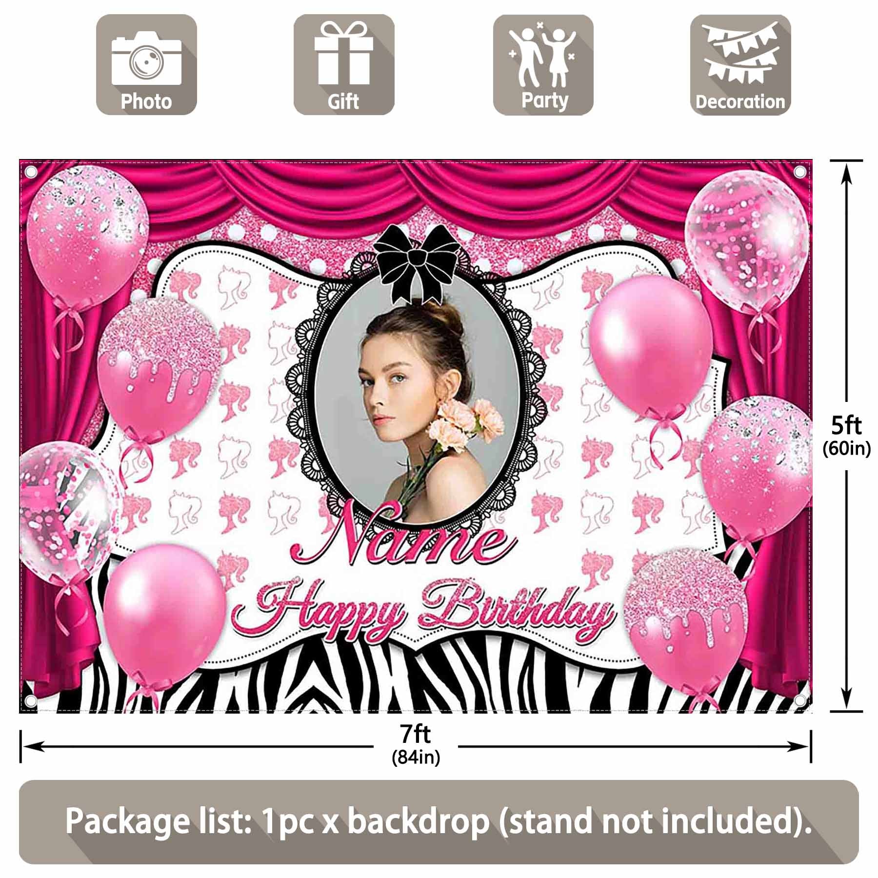 Custom DIY Name Photo Pink Happy Birthday Backdrop