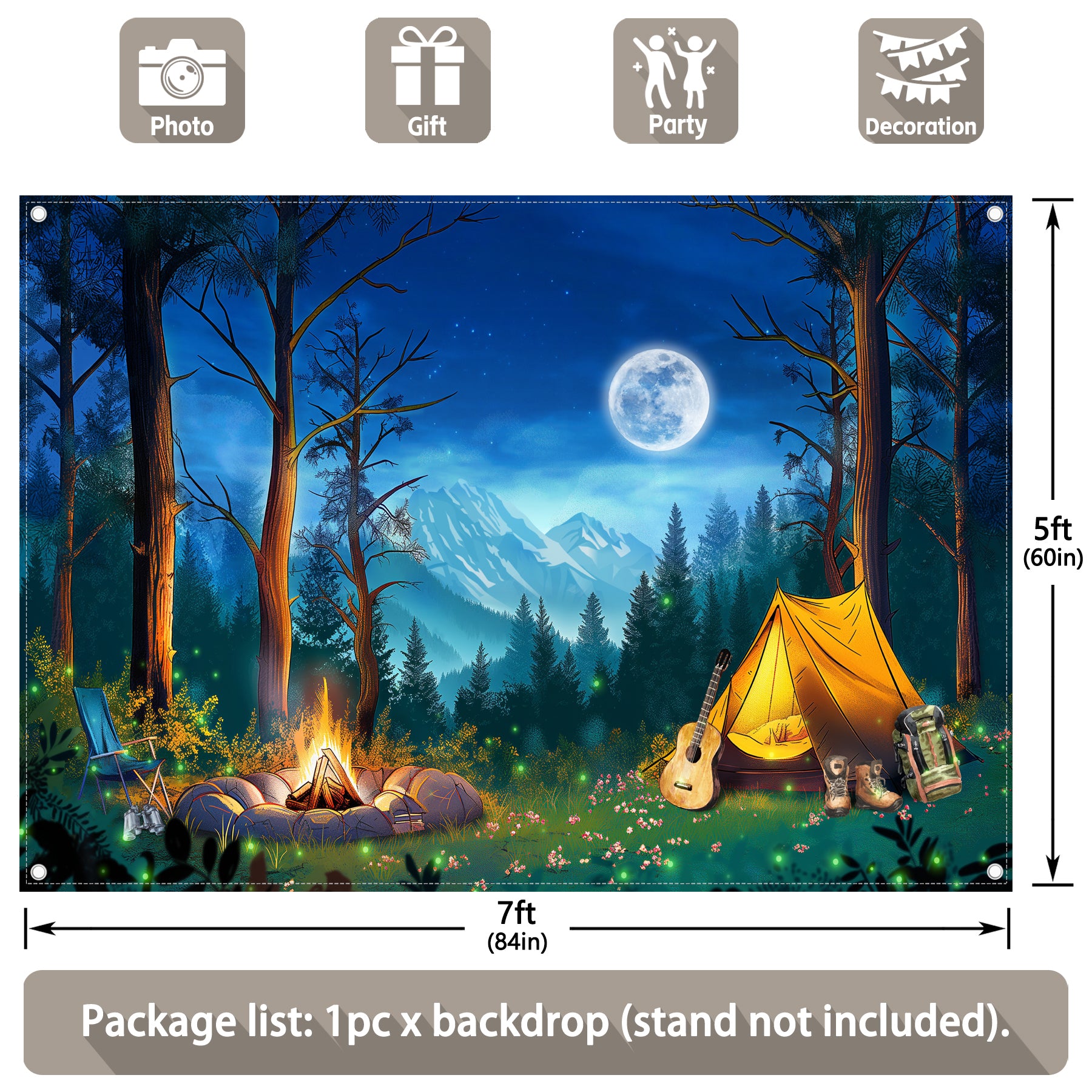 Forest Night Scene Camping  Campfire Tent Background