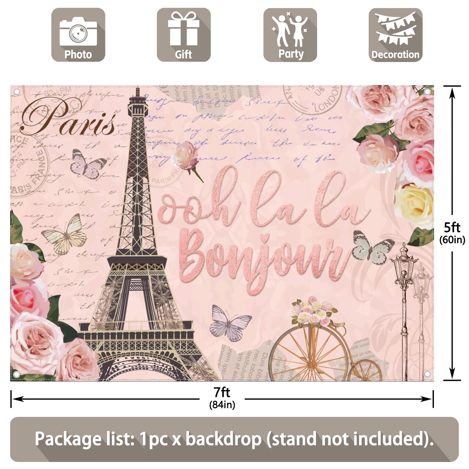 Vintage Paris Ooh la la Bonjour Pink Eiffel Tower Backdrop