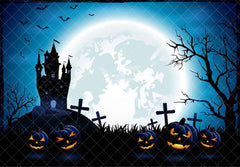 Halloween Haunted House Pumpkin Blue Backdrop