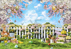 Easter Garden Fence Bunny Eggs Flowers Backdrop