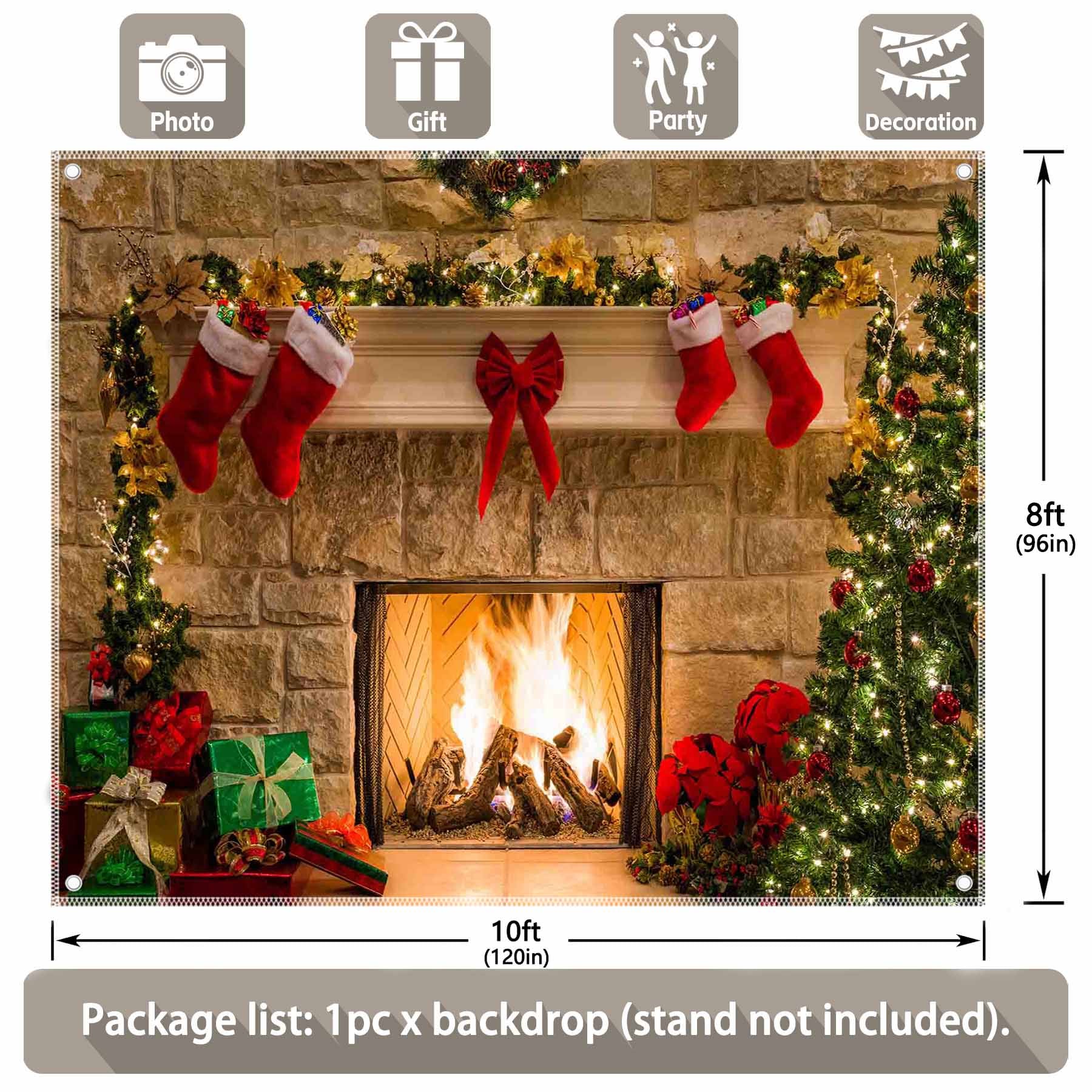 Christmas Fireplace Vintage Xmas Tree Backdrop(FAST)