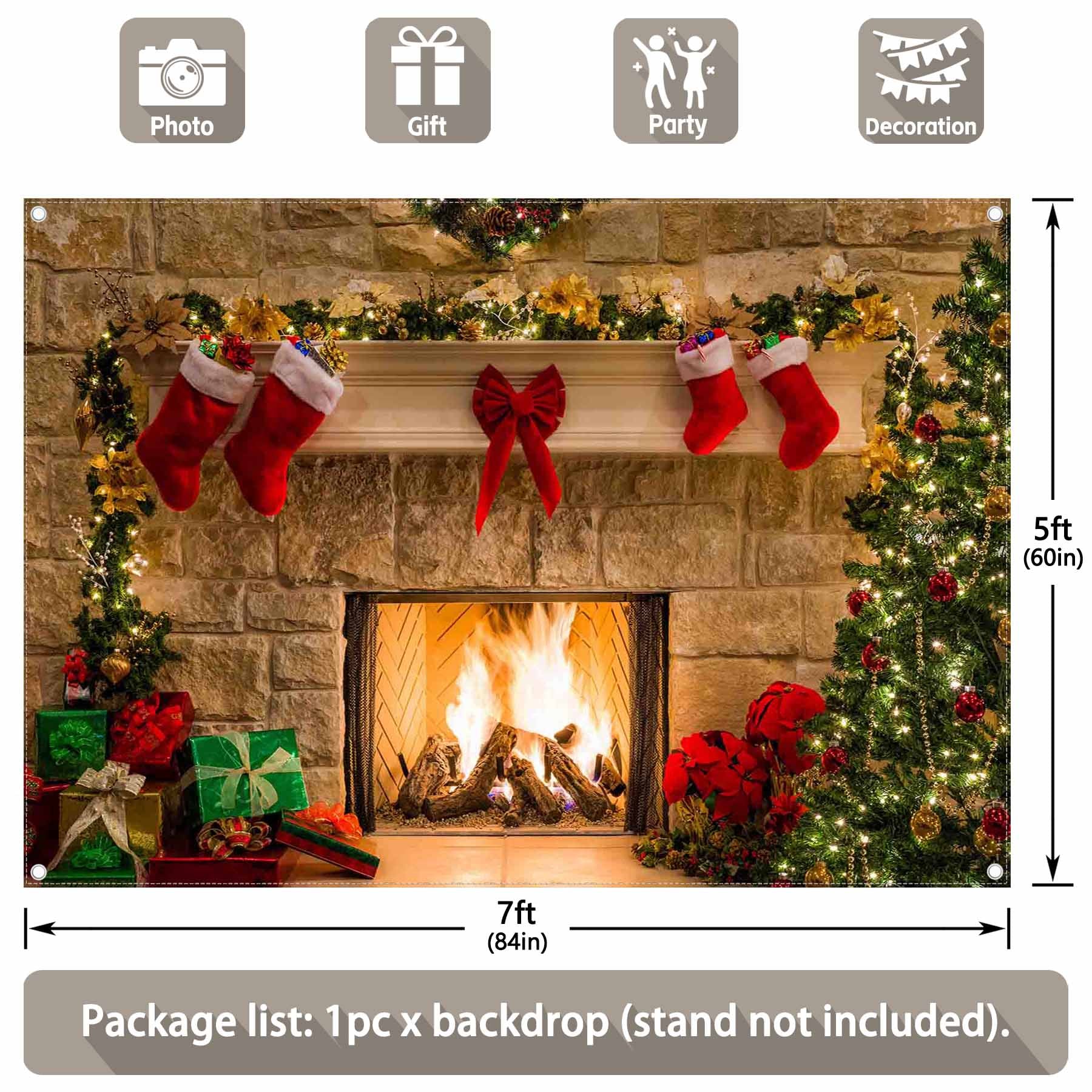 Christmas Fireplace Vintage Xmas Tree Backdrop(FAST)