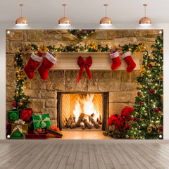 Christmas Fireplace Vintage Xmas Tree Backdrop(FAST)