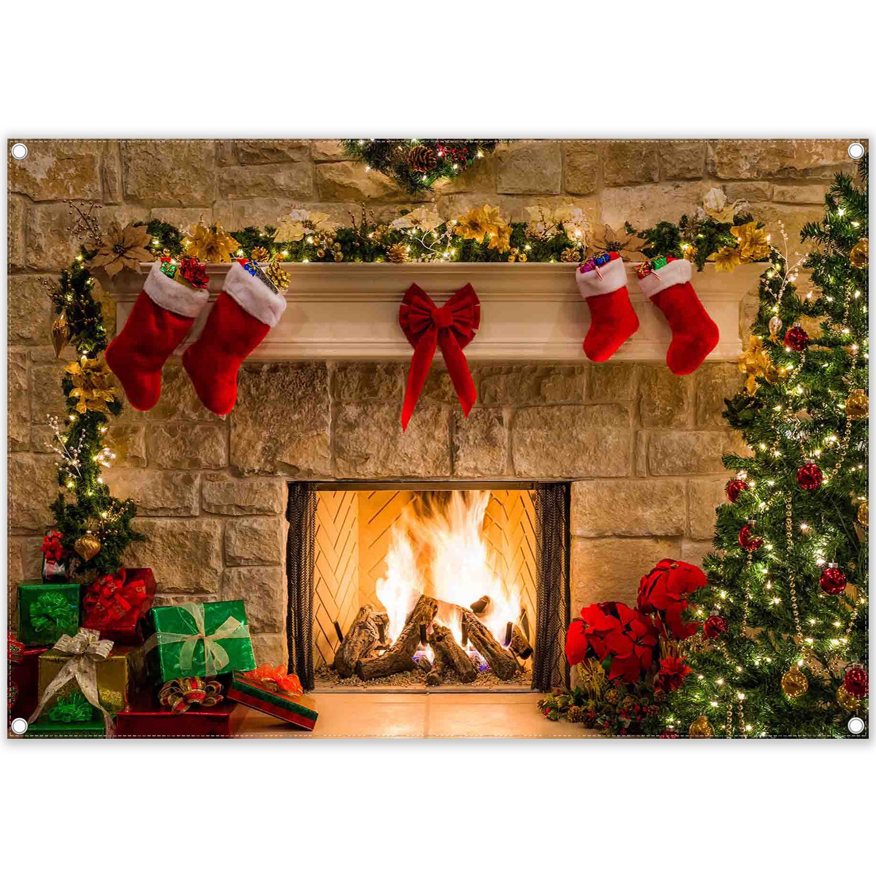 Christmas Fireplace Vintage Xmas Tree Backdrop(FAST)