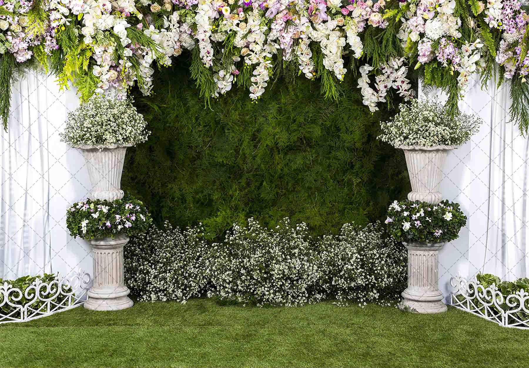 1pc, 7x5ft/8x6ft/10x8ft Arch Wedding Flowers Polyester Photography Backdrop, Stone Planter Flowers White Curtain Green Ivy Wall Party Photo Background Tapestry, Outdoors Ceremony Green Grassfield Banner Decorations, Photo Booths Studio Props, Birthday Cak - UUFelice Studio