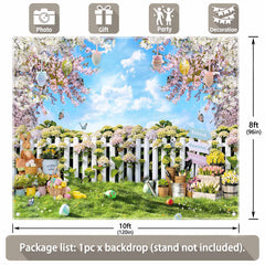 Easter Garden Fence Bunny Eggs Flowers Backdrop