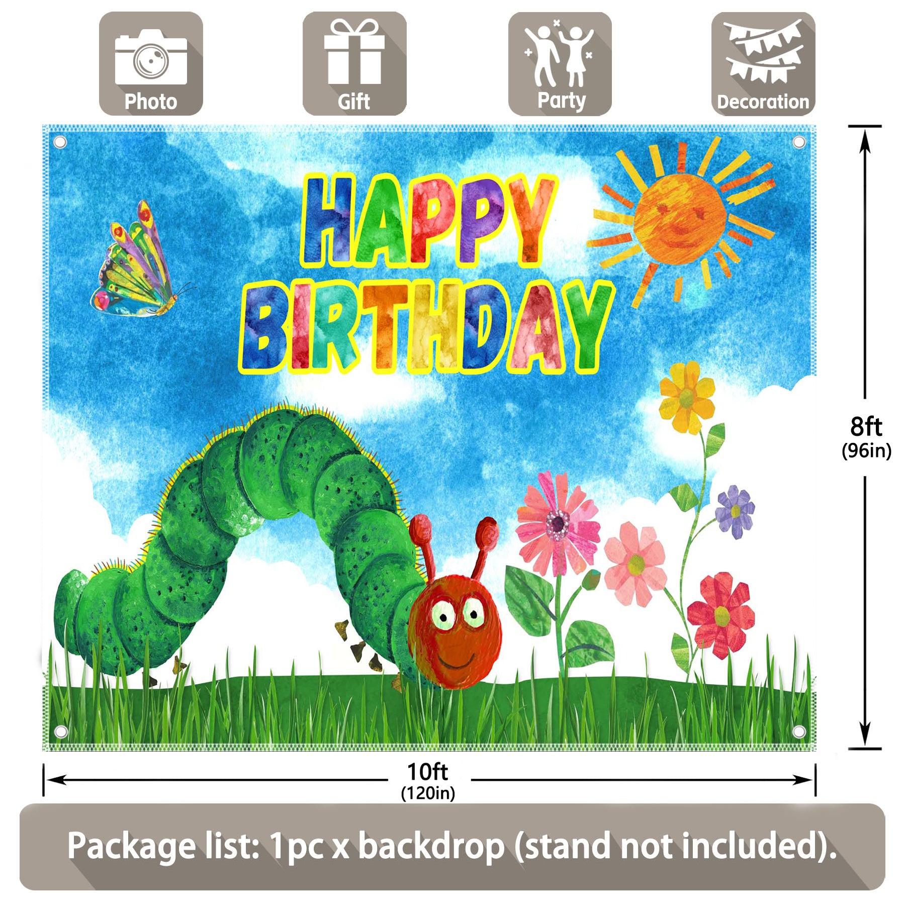 Blue Cartoon Birthday Caterpillar Wonderland Backdrop