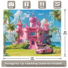 Beach Castle Hawaiian Tropical Plam Tree Pink House Backdrop