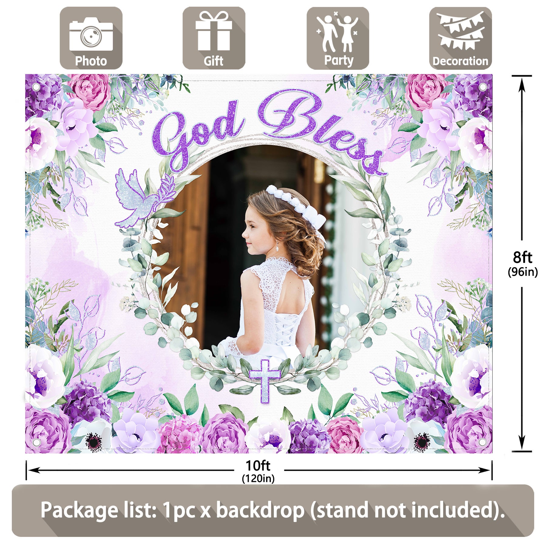 Custom DIY Name Photo Backdrop Purple Flowers God Bless Backdrop