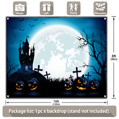 Halloween Haunted House Pumpkin Blue Backdrop