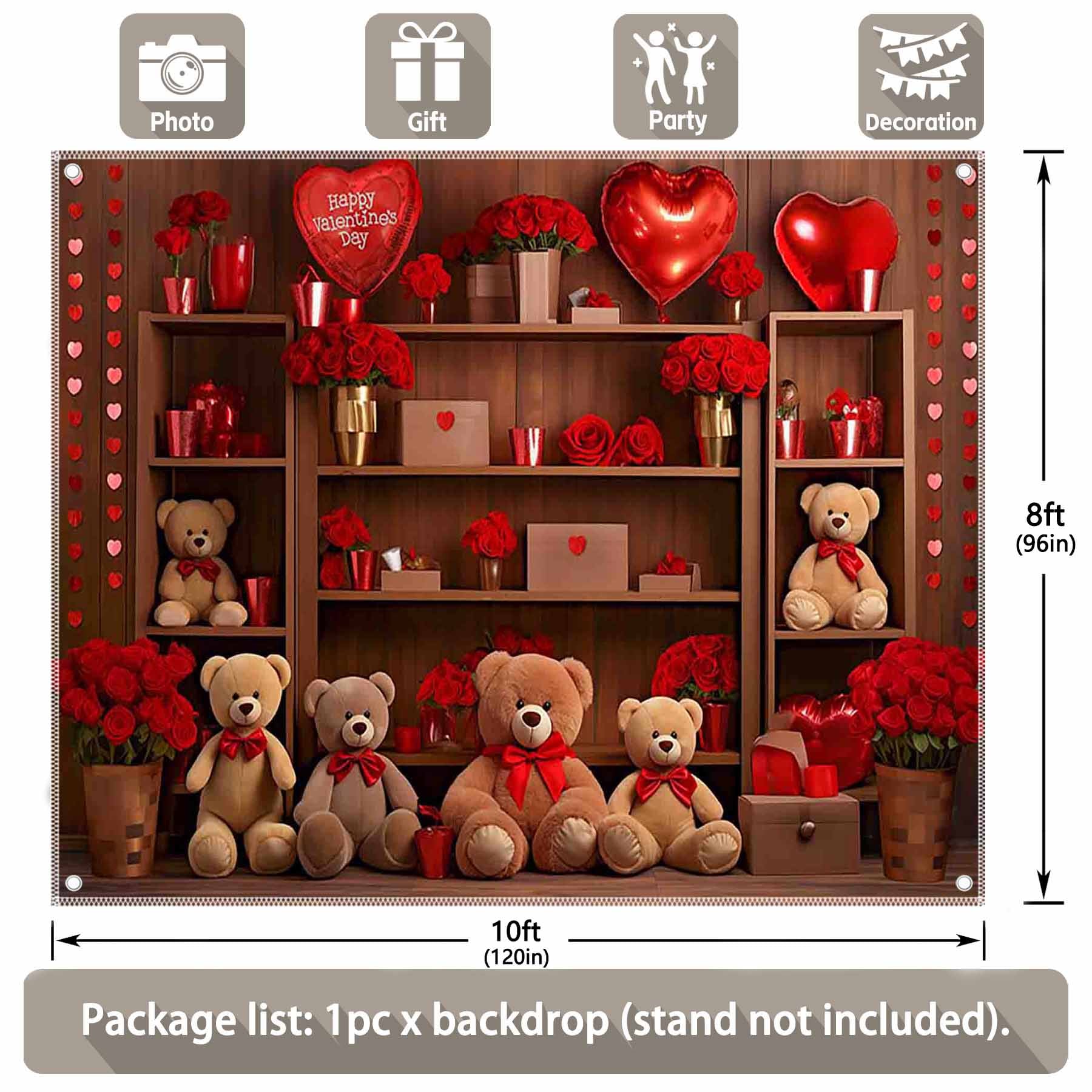 Valentine's Day Bear Red Rose Love Heart Backdrop