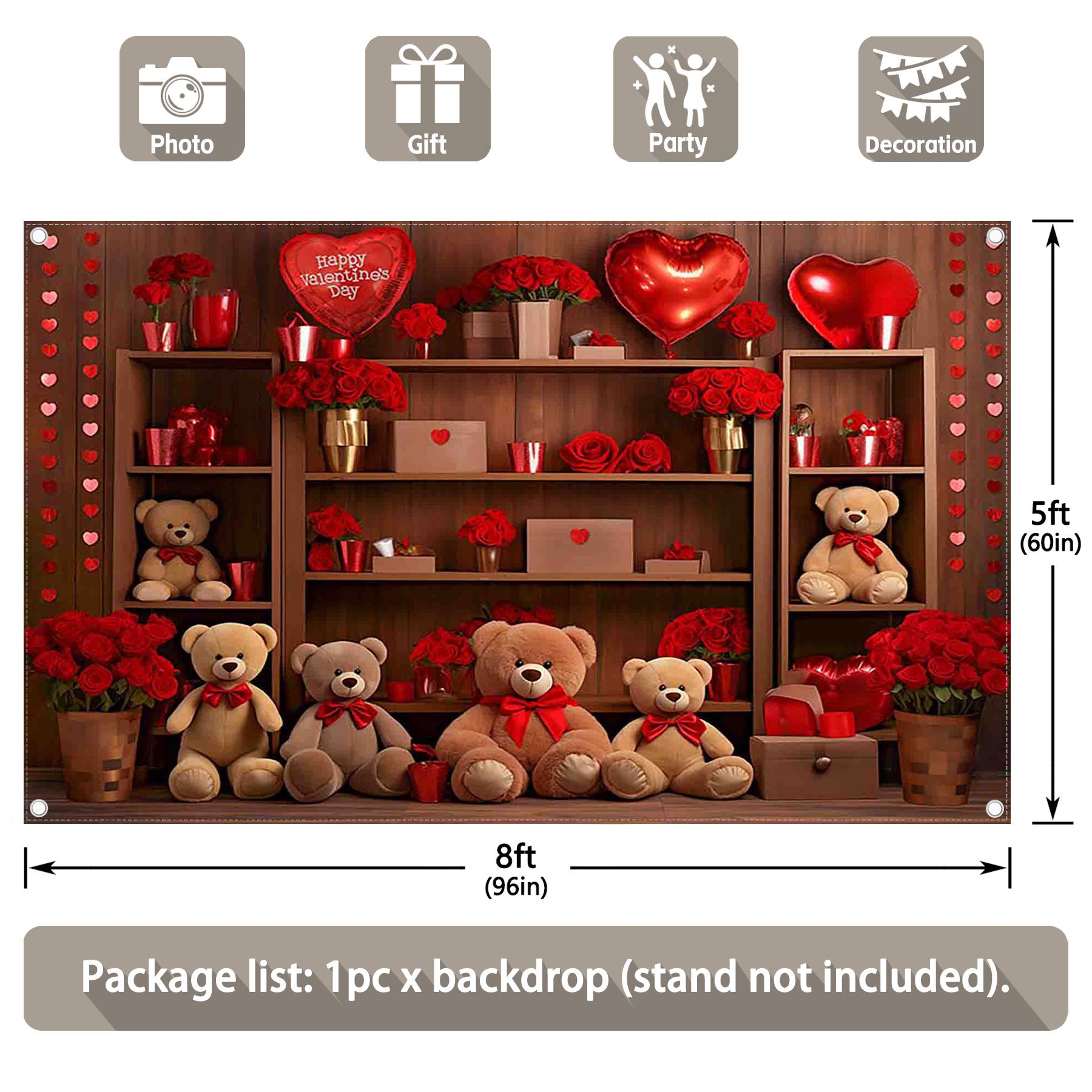 Valentine's Day Bear Red Rose Love Heart Backdrop