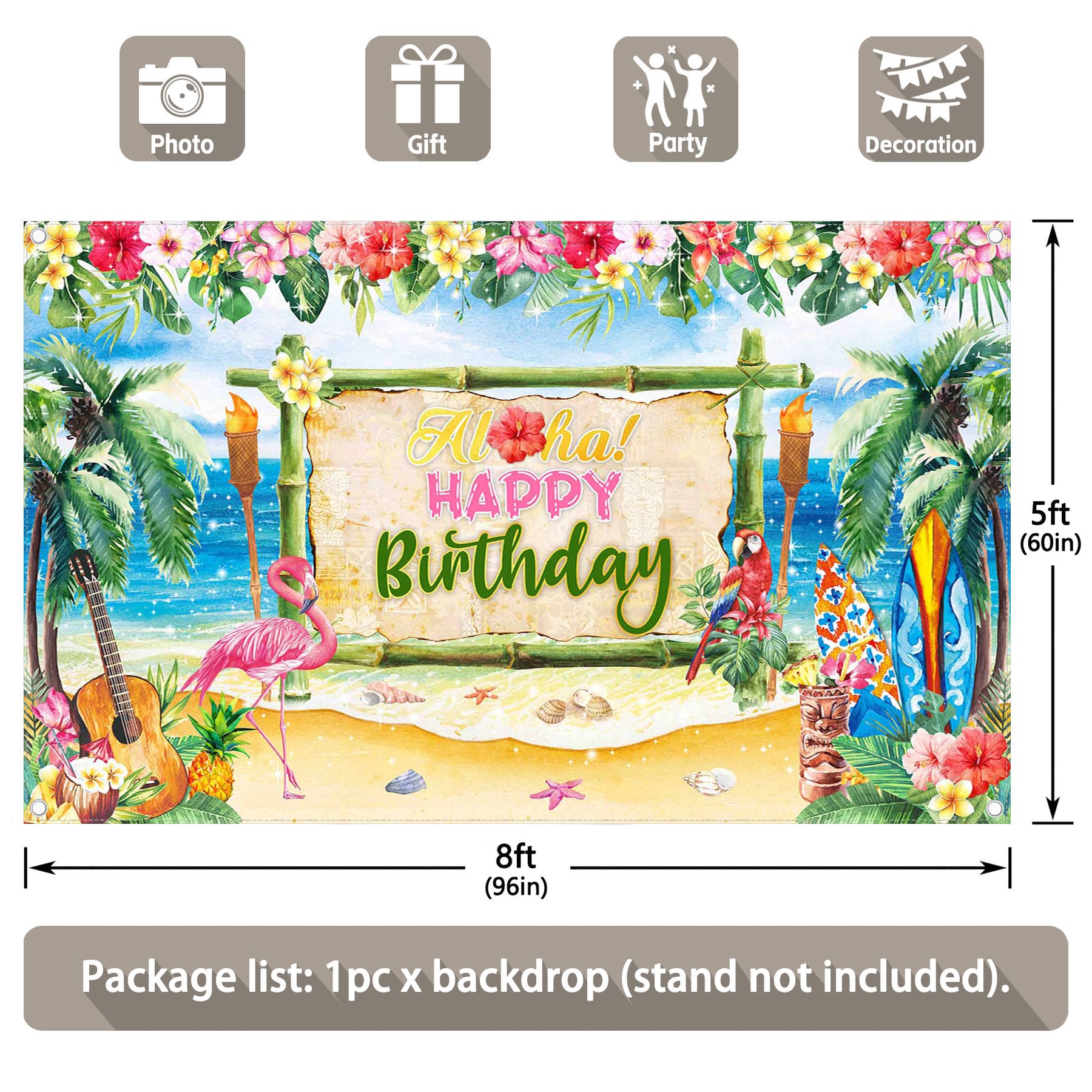 Aloha Happy Birthday Summer Tropical Beach Backdrop