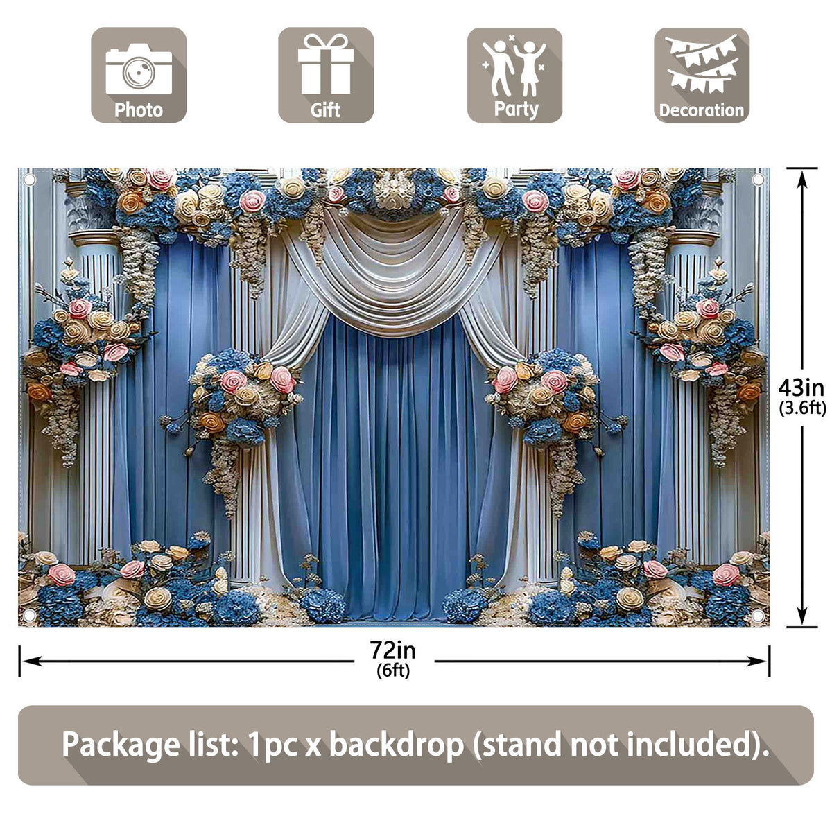 Blue Floral Curtain Wedding Ceremony Bridal Shower Backdrop