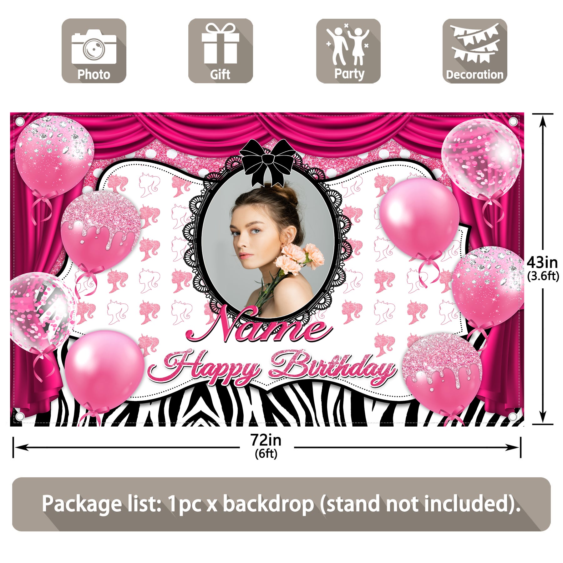 Custom DIY Name Photo Pink Happy Birthday Backdrop