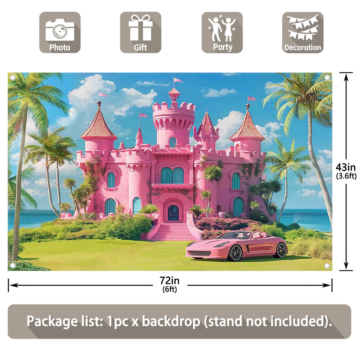 Beach Castle Hawaiian Tropical Plam Tree Pink House Backdrop