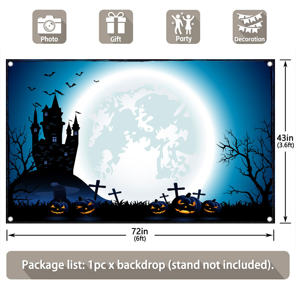 Halloween Haunted House Pumpkin Blue Backdrop