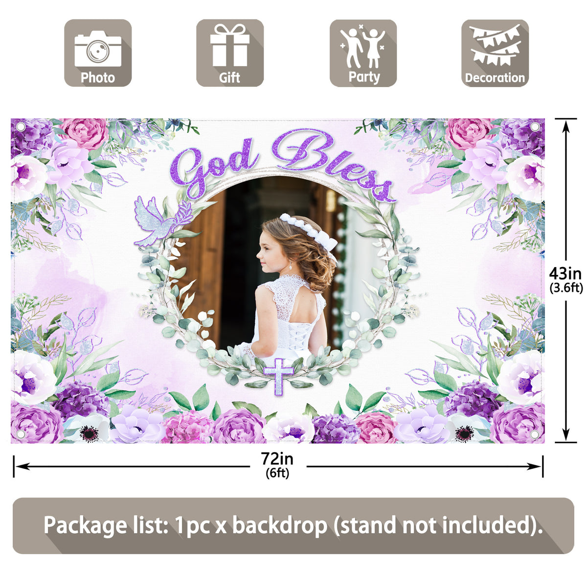 Custom DIY Name Photo Backdrop Purple Flowers God Bless Backdrop