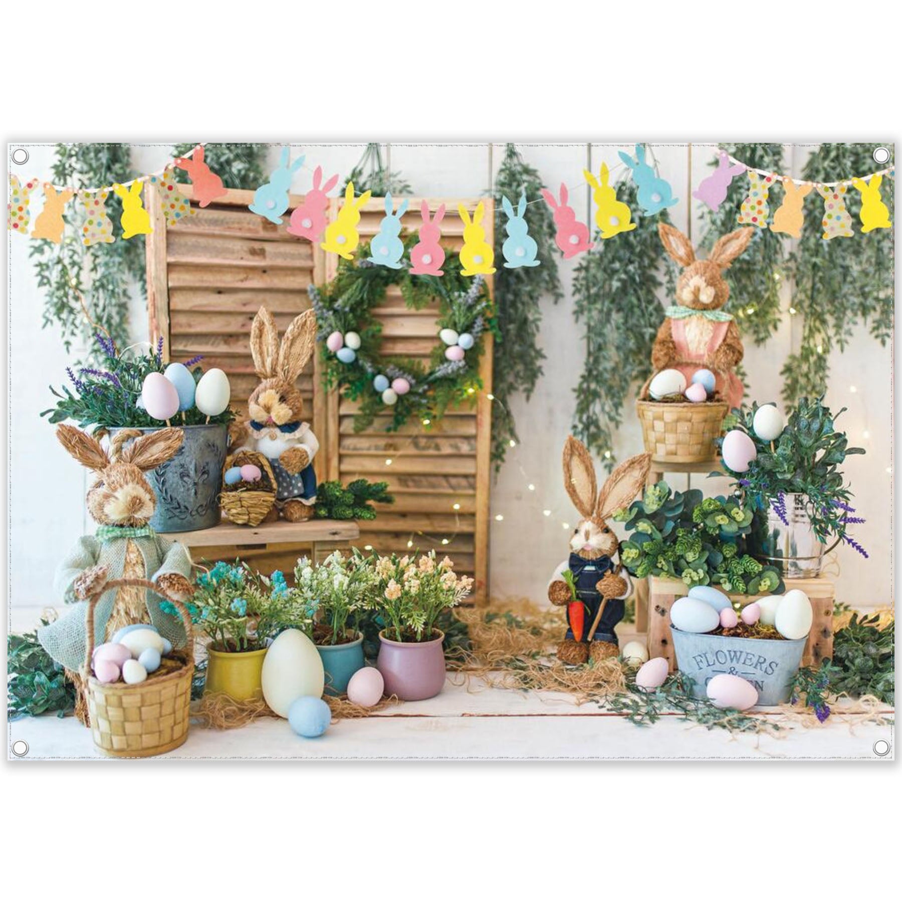 Spring Easter Garden Bunny Colorful Eggs Flower Background(FAST) - UUFelice Studio