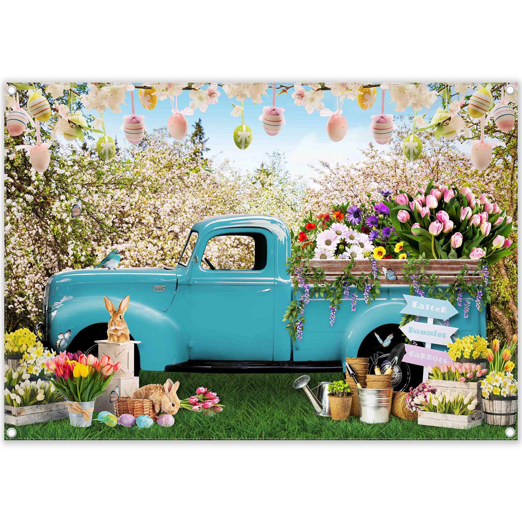 Spring Blue Truck  Bunny Booths Celebrations Backdrop(FAST) - UUFelice Studio