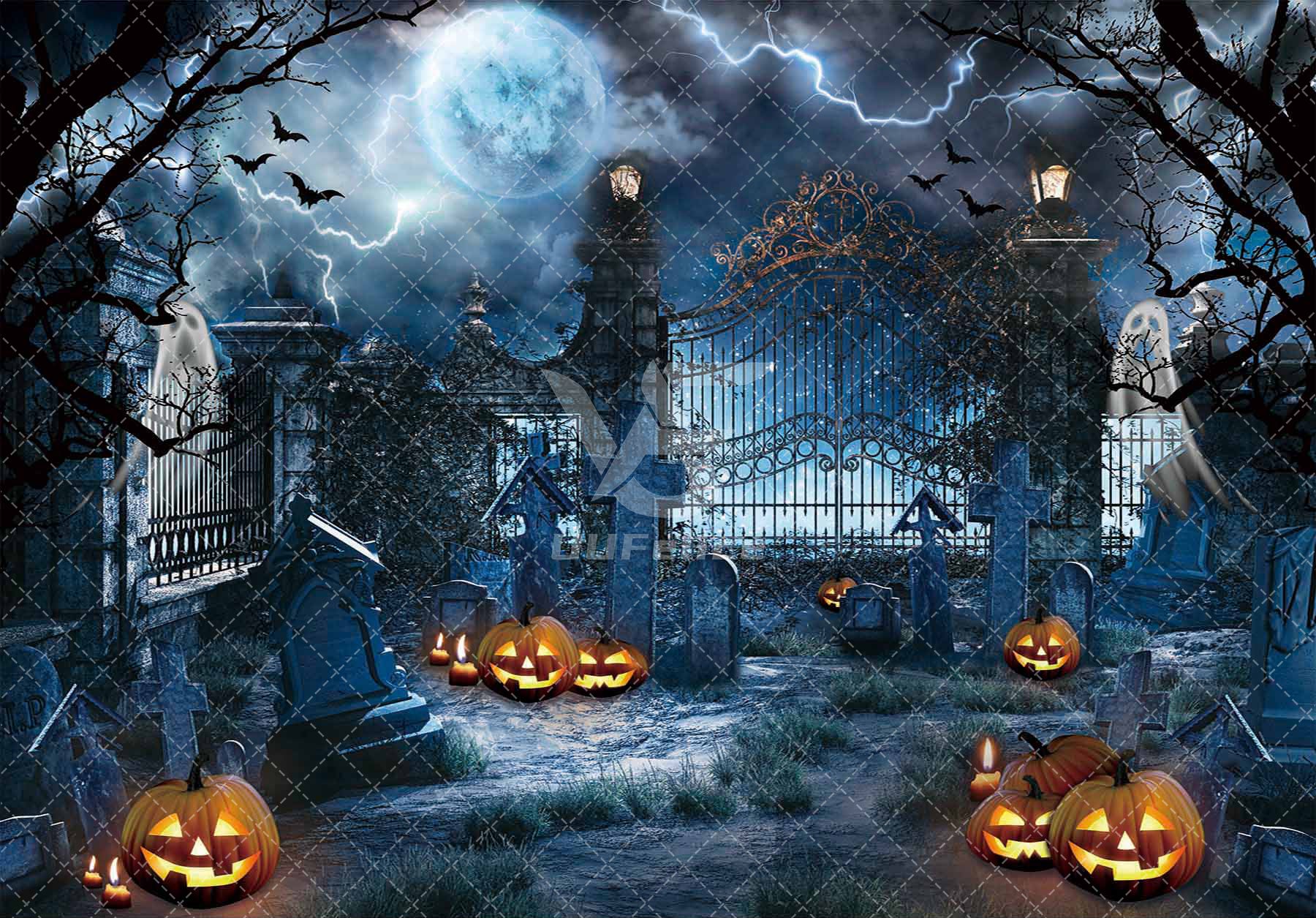 1pc, Halloween Haunted Graveyard Polyester Photography Backdrop 7x5ft, Pumpkin Lantern Spooky Night Moon Background, Ghost Party Decorations, Birthday Banner Supplies, Cake Table Photo Booths - UUFelice Studio