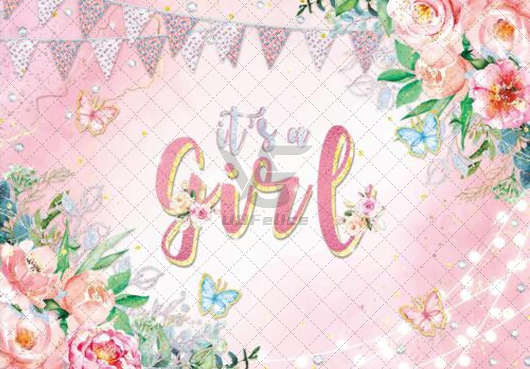 1pc, 72x43inch/96x60inch,Pink Flower It's A Girl/ Happy Birthday Polyester Photography Backdrop,Baby Shower Rose Golden Green Leaves Butterflies Background,Infant Baptism Flag Lights Celebration Birthday Party Cake Table Gifts Decorations,Photo Booth Bann - UUFelice Studio