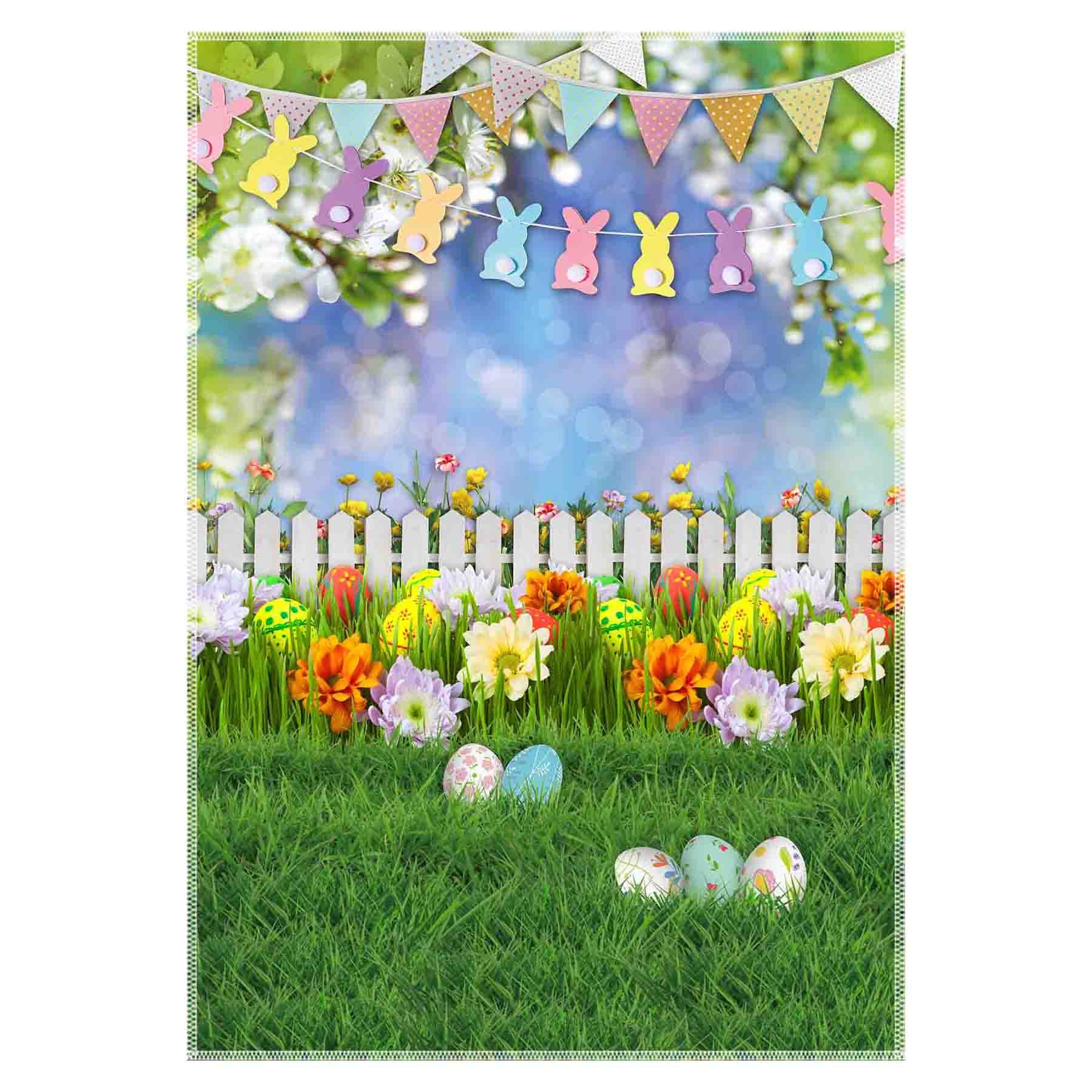 Easter Spring Grass Colorful Eggs Flowers Bunny Garden Background(FAST)