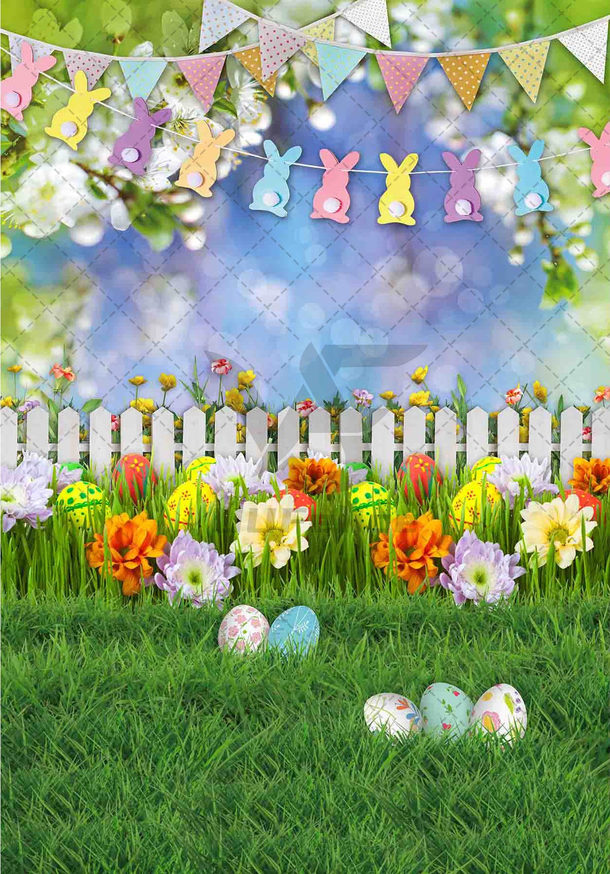 Easter Spring Grass Colorful Eggs Flowers Bunny Garden Background(FAST)