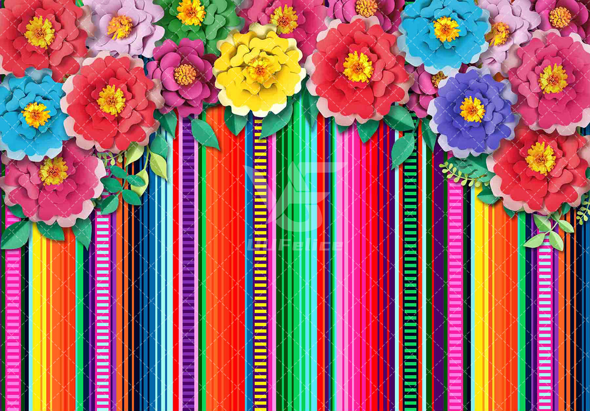 1pc, 7x5ft/8x6ft/10x8ft, Mexican Fiesta Photography Backdrop, Colorful Stripes Paper Flowers Happy Cinco De Mayo Background, Mexico Carnival Birthday Cake Table Party Decorations, Floral Wedding Gifts Photo Booths Banner Supplies, Drilled Holes At The Fou - UUFelice Studio