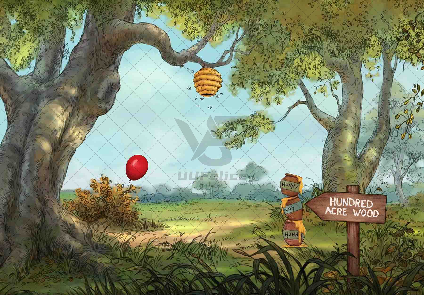 Hunny Cartoon Spring Forest  Sweet Honey Bear Background - UUFelice Studio