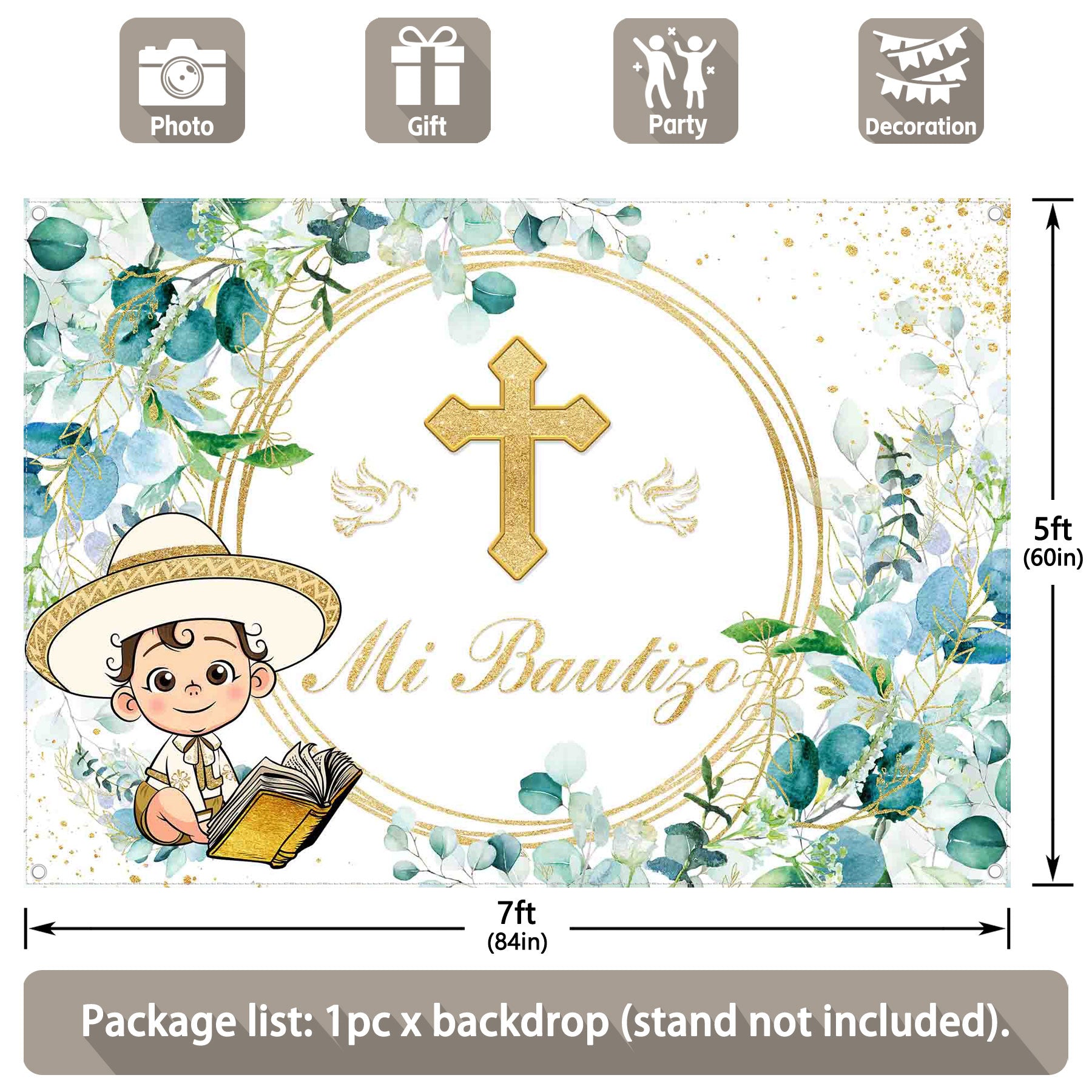 Mexican Baby Shower First Holy Communion Green Leaves Background - UUFelice Studio