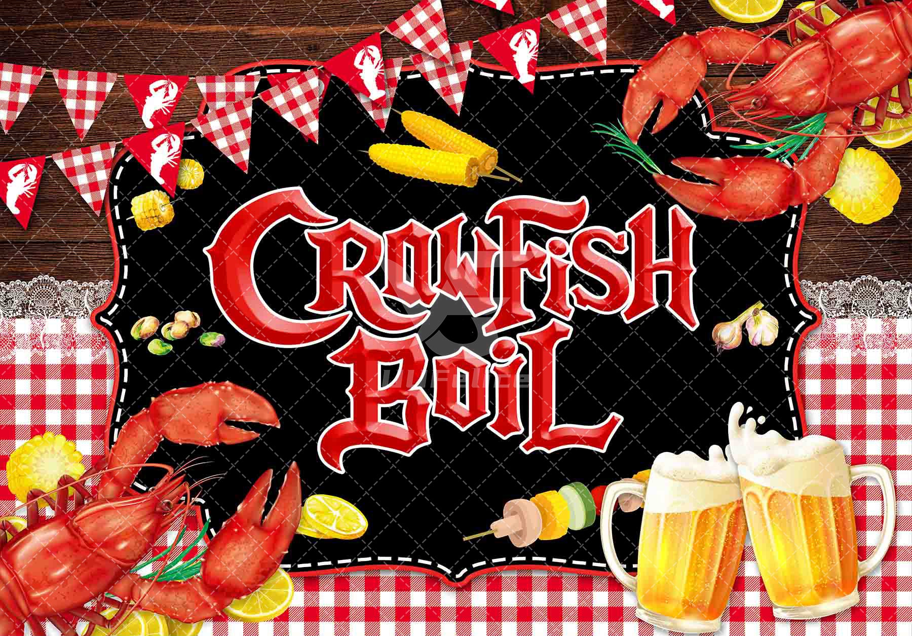 1pc, 72x43inch, Crawfish Boil Theme Polyester Photography Backdrop, Lobster Seafood Background, BBQ Beer Outdoor Party Gifts Decorations, Summer Picnic Event Supplies Photo Booth Props, Drilled Holes at the Four Corners for Easy Hanging - UUFelice Studio