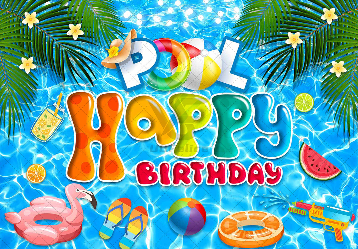 1pc, 72x43inch/96x60inch, Pool Happy Birthday Polyester Photography Backdrop, Summer Blue Swimming Pool Hawaiian Background, Tropical Palm Tree Tiki Birthday Party Gifts Cake Table Decorations, Photo Booth Banner Supplies, Drilled Holes At The Four Corner - UUFelice Studio