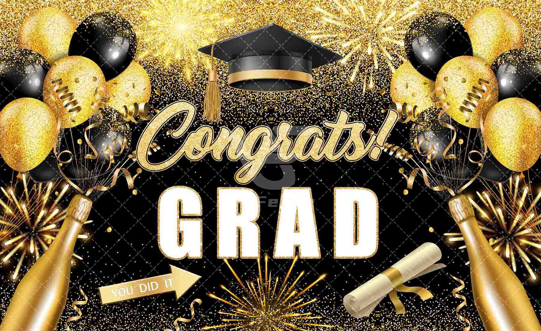 1pc, 72x43inch/96x60inch, Black Golden Congrats Grad Polyester Photography Backdrop, Class Of 2024 Glitter Firework Balloons Prom Background, Elementary Junior Senior High School College University Celebration, Happy Graduation Party Decorations Gifts, Ph - UUFelice Studio