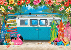 1pc, 7x5ft/8x6ft/10x8ft, Summer Hawaiian Beach Polyester Photography Backdrop Blue Caravan Travel Camping Party Photo Background, Surfboard Luau Tropical Flower Seaside Bus Banner Gifts Decorations, Photo Booths Studio Props, Birthday Cake Table Supplies, - UUFelice Studio