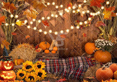 1pc 7x5ft, Fall Thanksgiving Polyester Photography Backdrop, Autumn Harvest Pumpkins Background, Rustic Wooden Floor Maple Leaves Sunflower Party Decorations, Shower Photo Booth Banner - UUFelice Studio