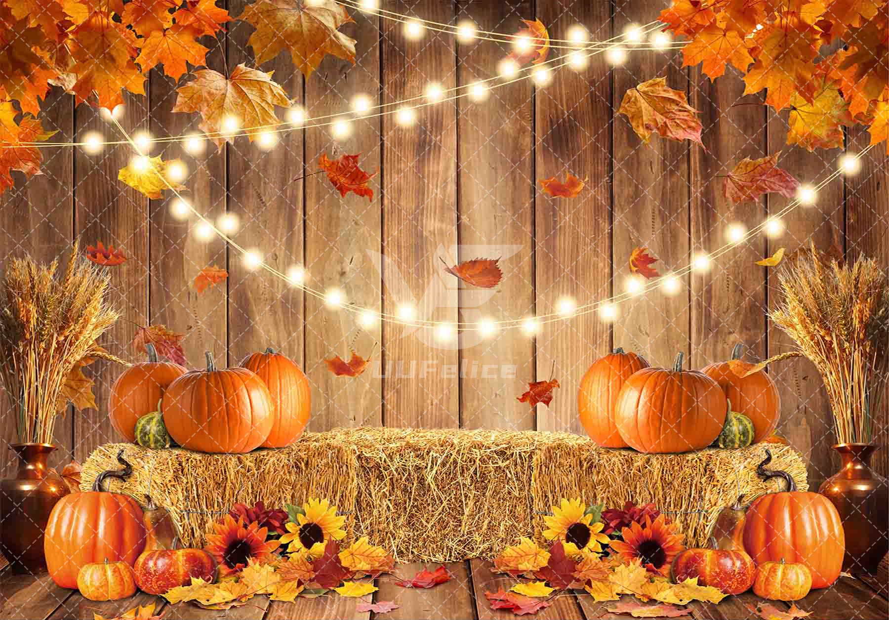 1pc, 7x5ft Fall Thanksgiving Polyester Photography Backdrop, Rustic Wooden Floor Barn Golden Pumpkin Harvest Party Photo Background Tapestry, Sunflower Maple Banner Decorations, Kids Photo Booths Studio Props, Children Birthday Cake Table Supplies - UUFelice Studio