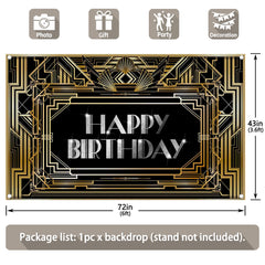 Happy Birthday Black and Gold Roaring 20s Art Background