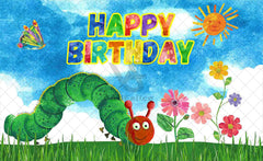 Blue Cartoon Birthday Caterpillar Wonderland Backdrop