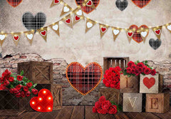 1pc, 7x5ft/8x6ft/10x8ft Valentine's Day Polyester Photography Backdrop, Plaid Love Heart Brick Wall Background, Red Rose Wedding Party Decorations, Booths Props Room Decor - UUFelice Studio