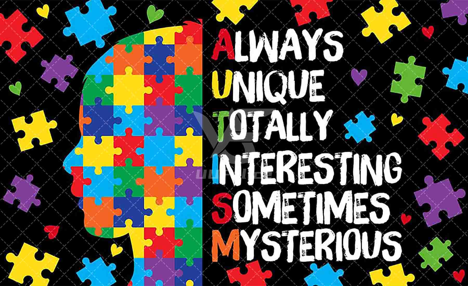 1pc, 72x43inch/96x60inch,Autism Awareness Polyester Photography Backdrop,Always Unique Totally Interesting Sometimes Mysterious Background,Colorful Puzzle Piece Indoor Outdoor Wall Decorations,Photo Booth Banner Supplies,Drilled Holes at the Four Corners  - UUFelice Studio