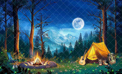 Forest Night Scene Camping  Campfire Tent Background