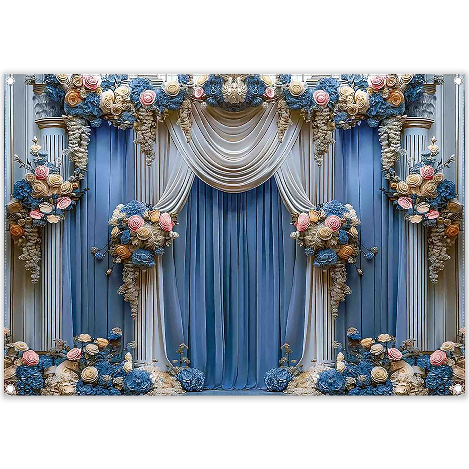 Blue Floral Curtain Wedding Ceremony Bridal Shower Backdrop